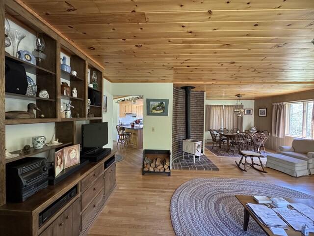 898 Sebec Village Rd, Sebec, ME 04481 - living area with wood ceiling, a wood stove, and light wood-style floors