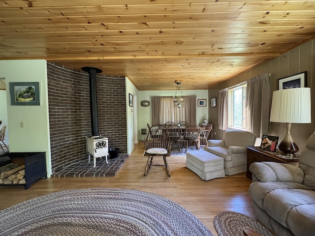 898 Sebec Village Rd, Sebec, ME 04481 - living area featuring wood ceiling, a wood stove, and light wood-type flooring