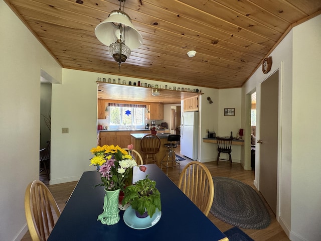 898 Sebec Village Rd, Sebec, ME 04481 - dining area featuring wood ceiling, light wood-style flooring, baseboards, and lofted ceiling