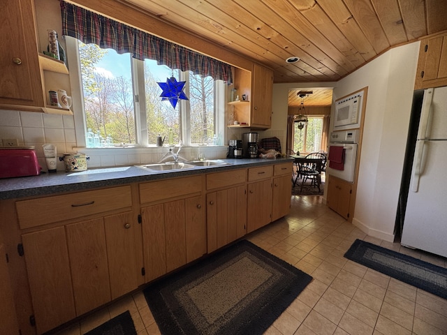898 Sebec Village Rd, Sebec, ME 04481 - kitchen with white appliances, open shelves, a sink, light tile patterned floors, and wooden ceiling