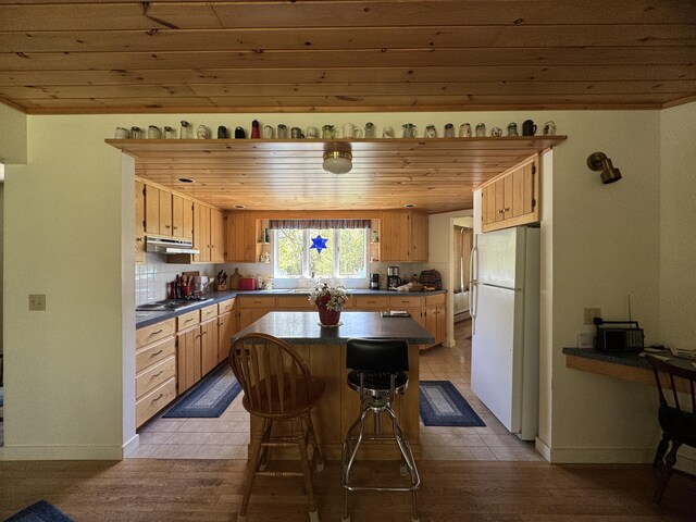 898 Sebec Village Rd, Sebec, ME 04481 - kitchen featuring freestanding refrigerator, under cabinet range hood, wooden ceiling, dark countertops, and baseboards
