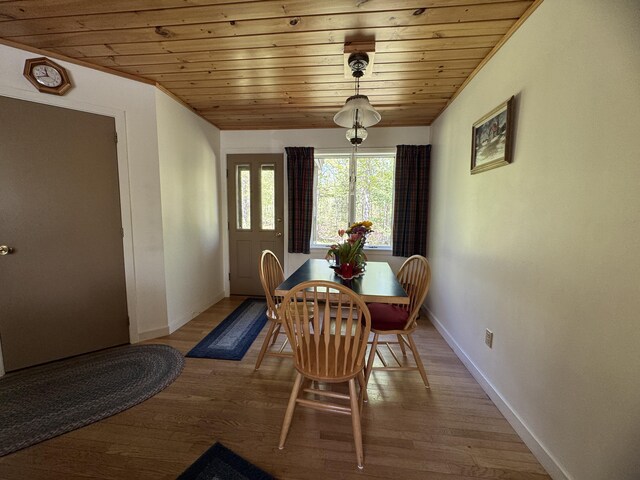 898 Sebec Village Rd, Sebec, ME 04481 - dining area with wood ceiling, baseboards, and light wood-style floors