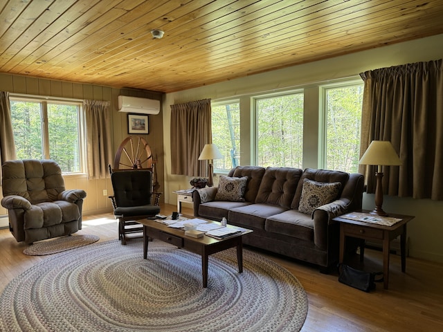 898 Sebec Village Rd, Sebec, ME 04481 - living area with wood ceiling, a wall mounted air conditioner, and wood finished floors