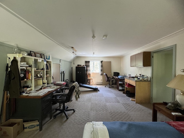898 Sebec Village Rd, Sebec, ME 04481 - carpeted home office featuring baseboard heating and vaulted ceiling