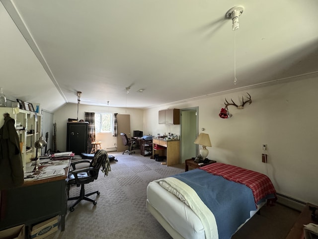 898 Sebec Village Rd, Sebec, ME 04481 - bedroom with a desk, carpet flooring, baseboard heating, lofted ceiling, and ceiling fan