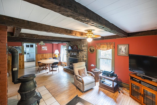 168 Beech Hill Rd, Auburn, ME 04210 - living area with beamed ceiling, hardwood / wood-style flooring, a ceiling fan, baseboard heating, and wood walls