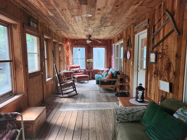 227 Brooks Pond Dr, Corinna, ME 04928 - sunroom / solarium with hardwood / wood-style flooring, wooden ceiling, wooden walls, and healthy amount of natural light