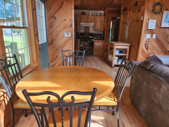 227 Brooks Pond Dr, Corinna, ME 04928 - dining space with light wood-type flooring, healthy amount of natural light, wood walls, and wooden ceiling