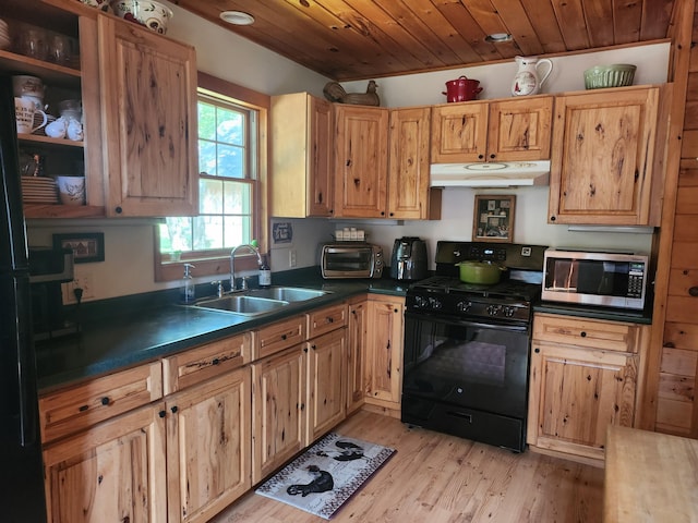 227 Brooks Pond Dr, Corinna, ME 04928 - kitchen with black gas range, stainless steel microwave, under cabinet range hood, a sink, and light wood-type flooring