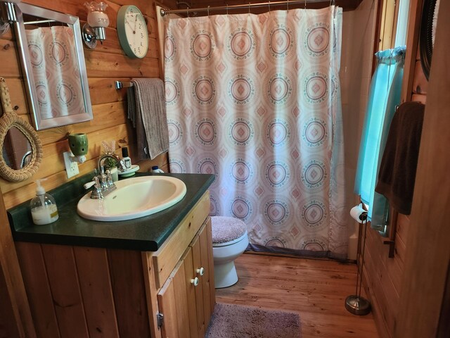 227 Brooks Pond Dr, Corinna, ME 04928 - bathroom featuring toilet, vanity, wood finished floors, and wooden walls
