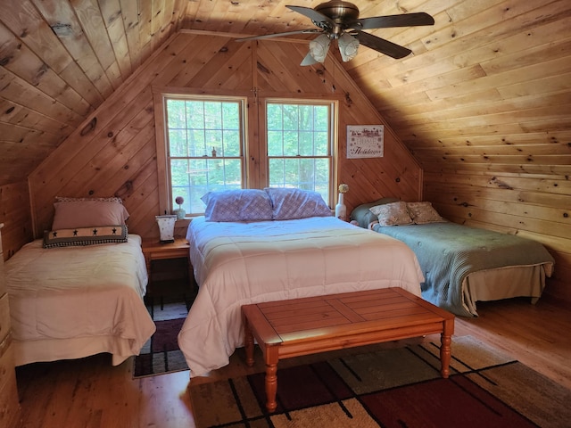 227 Brooks Pond Dr, Corinna, ME 04928 - bedroom featuring wood finished floors, wood ceiling, wood walls, and lofted ceiling