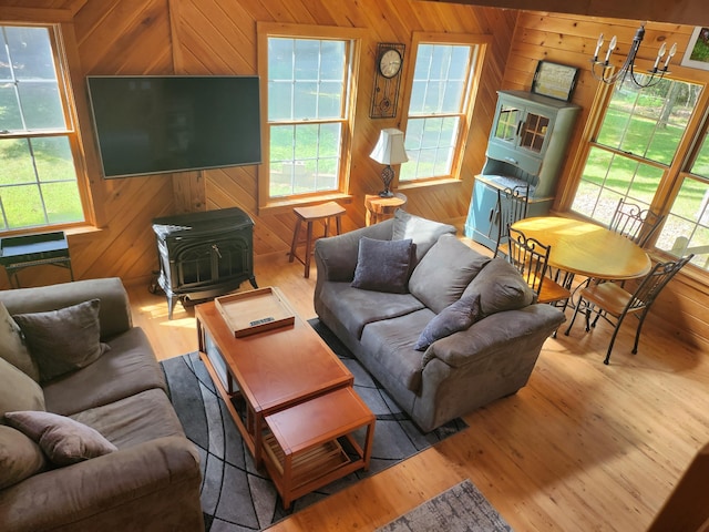 227 Brooks Pond Dr, Corinna, ME 04928 - living room with wood walls, a wood stove, healthy amount of natural light, and wood finished floors
