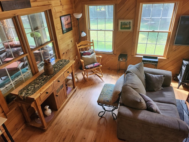 227 Brooks Pond Dr, Corinna, ME 04928 - living room featuring light wood-style flooring, plenty of natural light, and wooden walls
