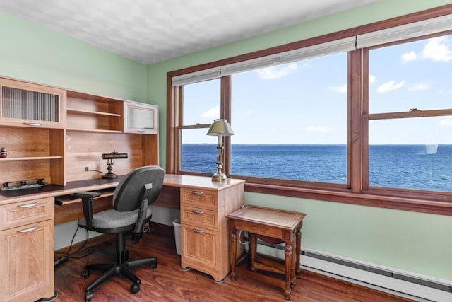 73 Wards Cove Rd, Standish, ME 04084 - home office featuring a water view, dark wood-type flooring, a baseboard radiator, and built in desk