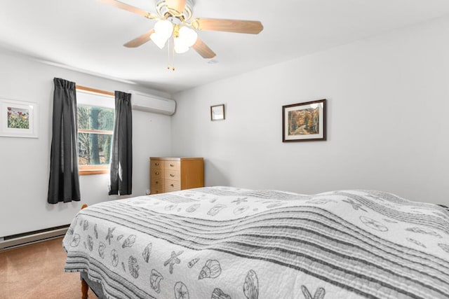 73 Wards Cove Rd, Standish, ME 04084 - carpeted bedroom with a baseboard radiator, a wall mounted AC, and a ceiling fan