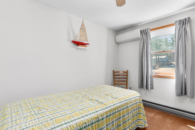 73 Wards Cove Rd, Standish, ME 04084 - bedroom with an AC wall unit, a baseboard heating unit, carpet floors, and a ceiling fan