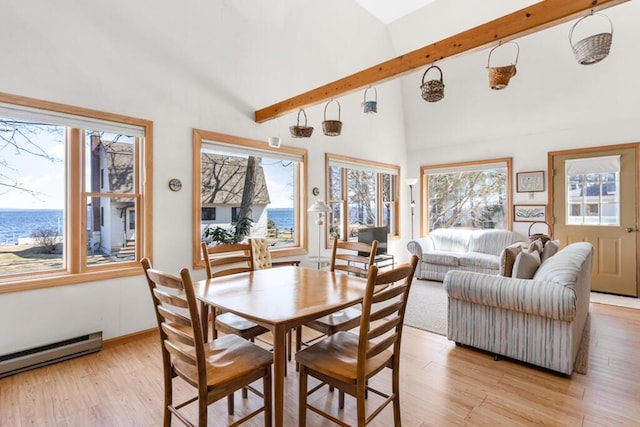 73 Wards Cove Rd, Standish, ME 04084 - dining room with baseboard heating, beam ceiling, high vaulted ceiling, light wood-style flooring, and a water view