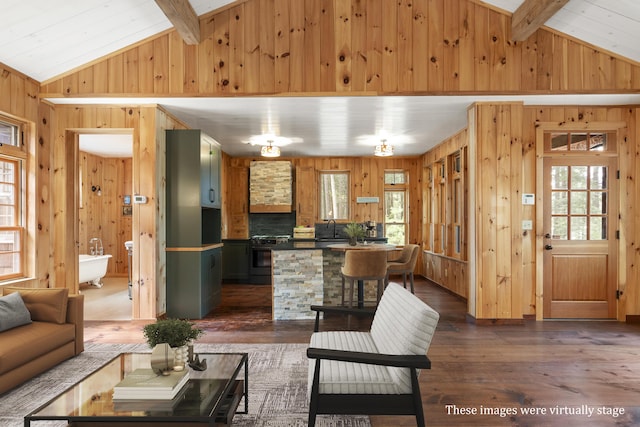 389 Castle Island Rd, Belgrade, ME 04917 - living room featuring wooden walls and dark wood-type flooring