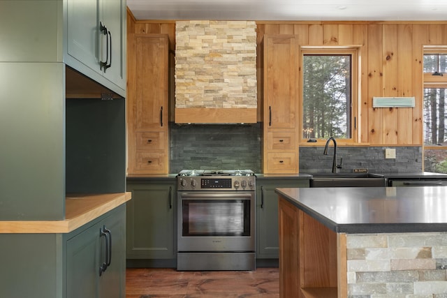 389 Castle Island Rd, Belgrade, ME 04917 - kitchen with stainless steel range, a sink, tasteful backsplash, and green cabinetry