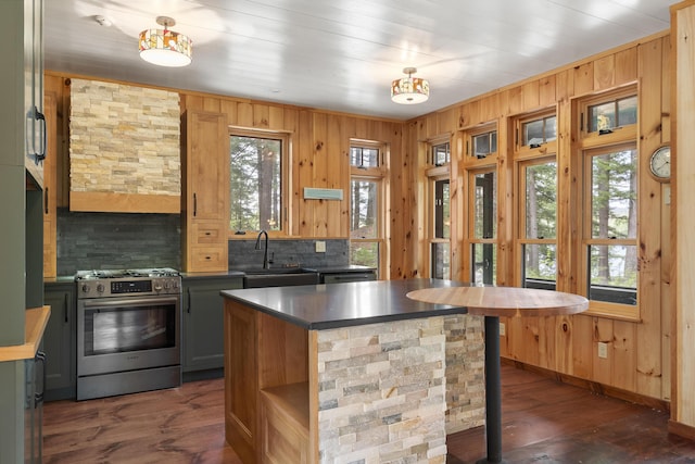 389 Castle Island Rd, Belgrade, ME 04917 - kitchen featuring stainless steel range with gas cooktop, a sink, healthy amount of natural light, decorative backsplash, and wood walls