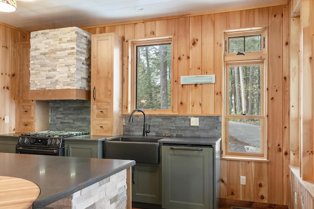 389 Castle Island Rd, Belgrade, ME 04917 - kitchen featuring a sink, tasteful backsplash, wood walls, gas stove, and dark countertops