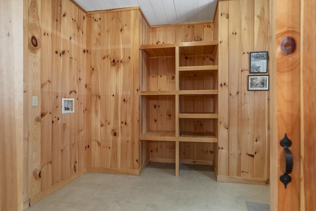 389 Castle Island Rd, Belgrade, ME 04917 - interior space with tile patterned floors, wooden walls, and hookup for a washing machine
