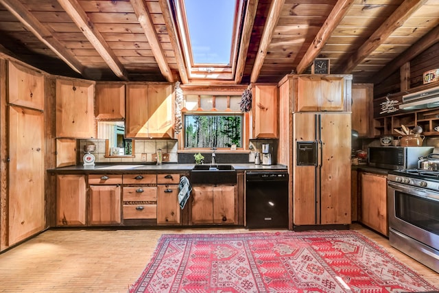 890 Salem Rd, Freeman Twp, ME 04983 - kitchen with stainless steel appliances, a sink, dark countertops, beamed ceiling, and wooden ceiling