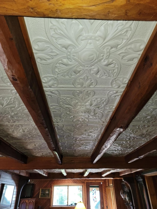 890 Salem Rd, Freeman Twp, ME 04983 - detailed view of beam ceiling and wood walls
