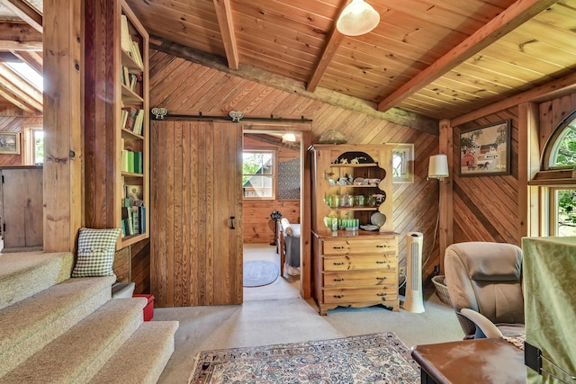 890 Salem Rd, Freeman Twp, ME 04983 - home office featuring wooden walls, carpet flooring, and wood ceiling