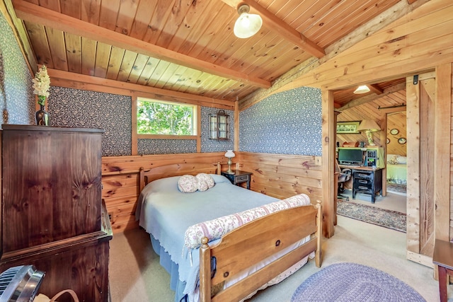 890 Salem Rd, Freeman Twp, ME 04983 - bedroom featuring carpet flooring, wood walls, beam ceiling, wooden ceiling, and wallpapered walls