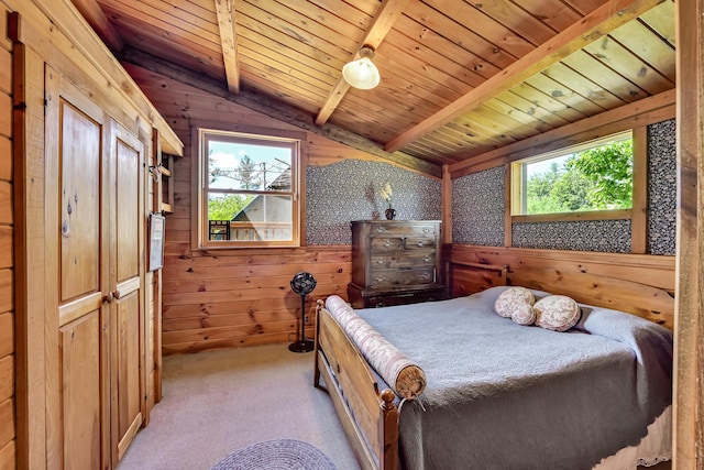 890 Salem Rd, Freeman Twp, ME 04983 - bedroom with wood walls, light carpet, and wooden ceiling