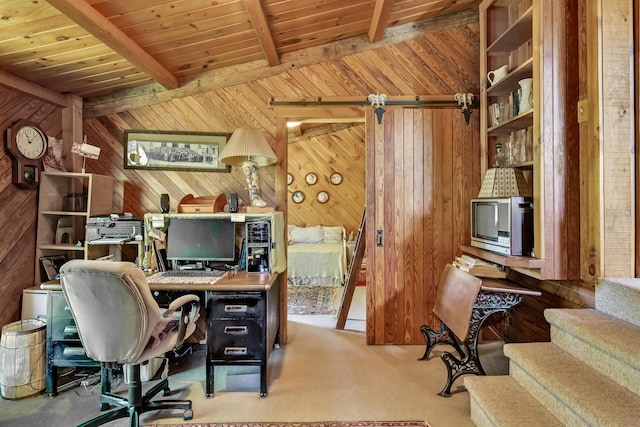 890 Salem Rd, Freeman Twp, ME 04983 - office area featuring wood walls, carpet floors, and wood ceiling