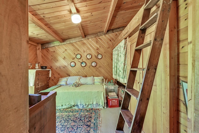 890 Salem Rd, Freeman Twp, ME 04983 - carpeted bedroom featuring beam ceiling, wooden walls, and wooden ceiling