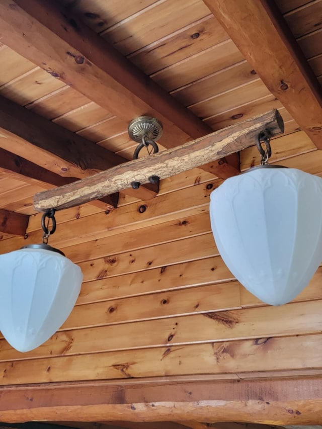 890 Salem Rd, Freeman Twp, ME 04983 - detailed view of wood ceiling, beam ceiling, and wooden walls