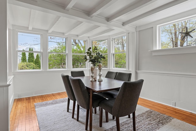 288 Foreside Rd, Falmouth, ME 04105 - dining space with beam ceiling, hardwood / wood-style flooring, and wainscoting