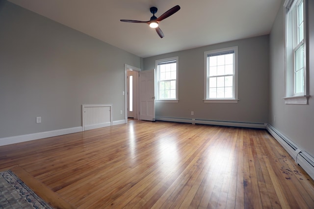 7 Middle St, Hallowell, ME 04347 - unfurnished room featuring a baseboard heating unit, a ceiling fan, light wood finished floors, and baseboards