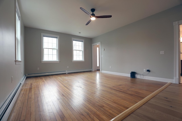 7 Middle St, Hallowell, ME 04347 - empty room with a baseboard heating unit, a ceiling fan, hardwood / wood-style flooring, and baseboards