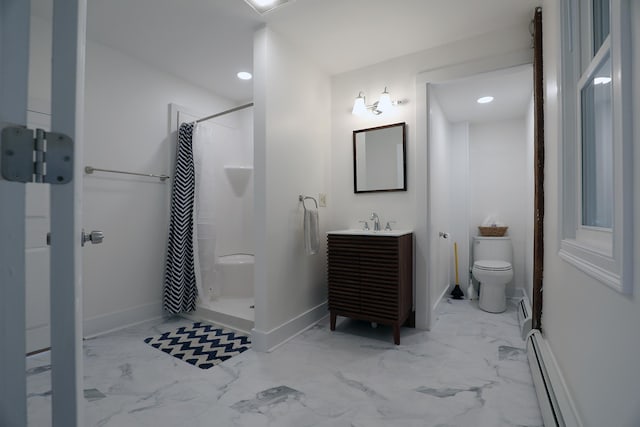 7 Middle St, Hallowell, ME 04347 - full bath with a baseboard radiator, a stall shower, marble finish floors, toilet, and vanity