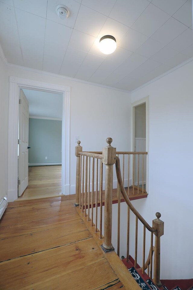 7 Middle St, Hallowell, ME 04347 - hall with ornamental molding, an upstairs landing, wood finished floors, and baseboards