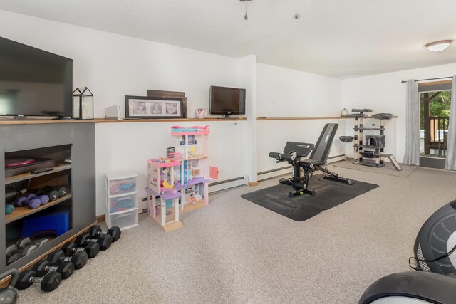 320 Grove St, Lewiston, ME 04240 - workout area featuring carpet floors and baseboard heating