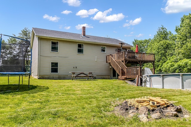 320 Grove St, Lewiston, ME 04240 - rear view of house with a trampoline, a deck, stairs, a chimney, and an outdoor pool