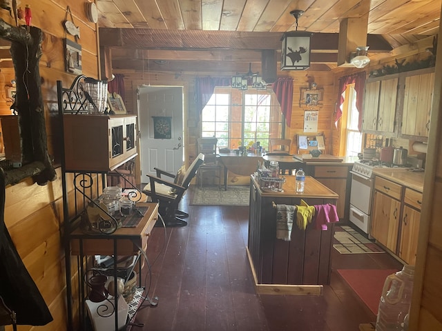 kitchen featuring white gas stove, wood walls, plenty of natural light, light countertops, and wooden ceiling