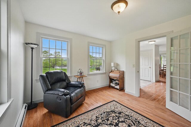 94 Staples Hill Rd, Canton, ME 04221 - living area featuring light wood-style flooring, a baseboard radiator, and baseboards
