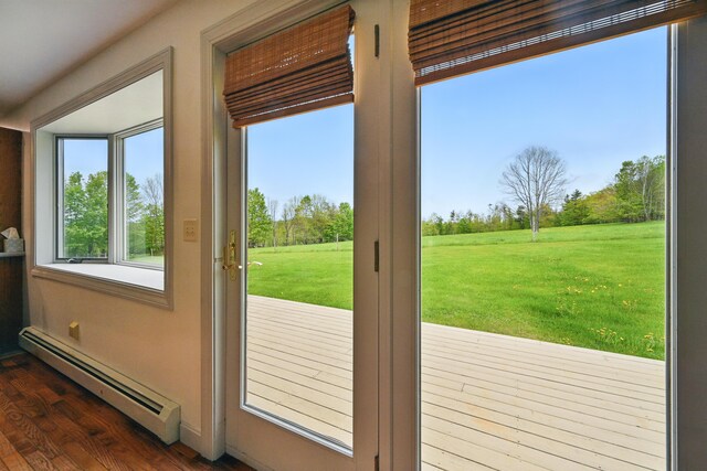94 Staples Hill Rd, Canton, ME 04221 - doorway to outside featuring a baseboard radiator and dark wood finished floors