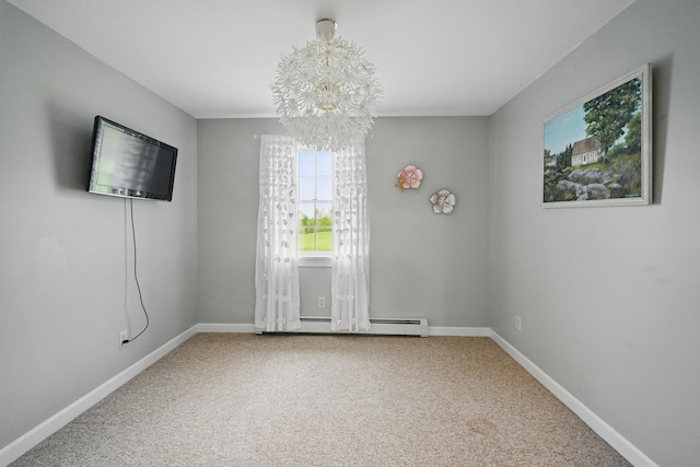 94 Staples Hill Rd, Canton, ME 04221 - empty room featuring a chandelier, carpet flooring, baseboards, and a baseboard radiator