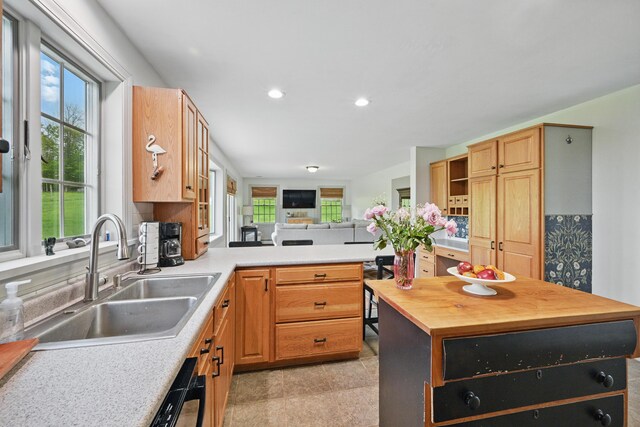 94 Staples Hill Rd, Canton, ME 04221 - kitchen with a sink, butcher block countertops, healthy amount of natural light, recessed lighting, and a center island