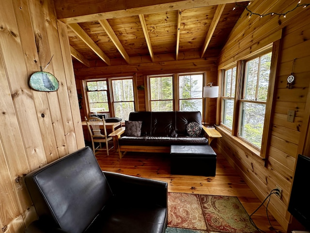 1080 Frenchtown Rd, Frenchtown Twp, ME 04441 - living room featuring wood walls, wooden ceiling with exposed beams, and hardwood / wood-style flooring