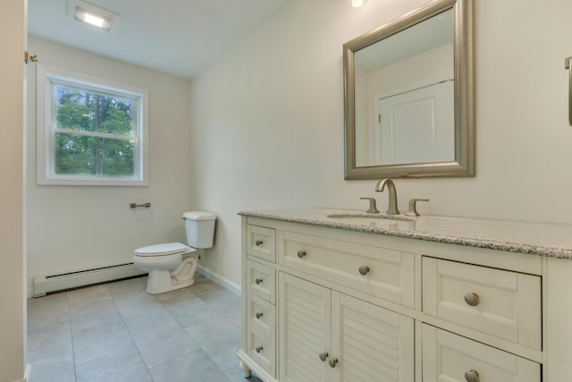 324 Gray Rd, Shapleigh, ME 04076 - bathroom featuring a baseboard radiator, vanity, toilet, baseboards, and tile patterned flooring