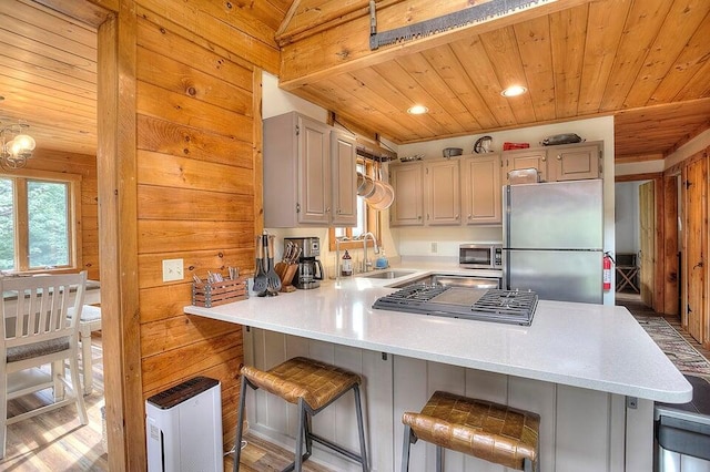 231 Kendall Farm Trl, Rangeley, ME 04970 - kitchen featuring appliances with stainless steel finishes, a sink, wood ceiling, light countertops, and a peninsula