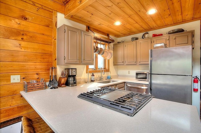 231 Kendall Farm Trl, Rangeley, ME 04970 - kitchen featuring stainless steel appliances, a sink, recessed lighting, wood ceiling, and light countertops